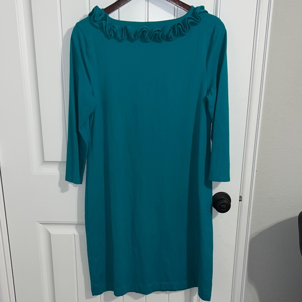 Talbots Womens Size M jade green scoop neck ruffled 3/4 sleeve shift dress - Picture 5 of 8